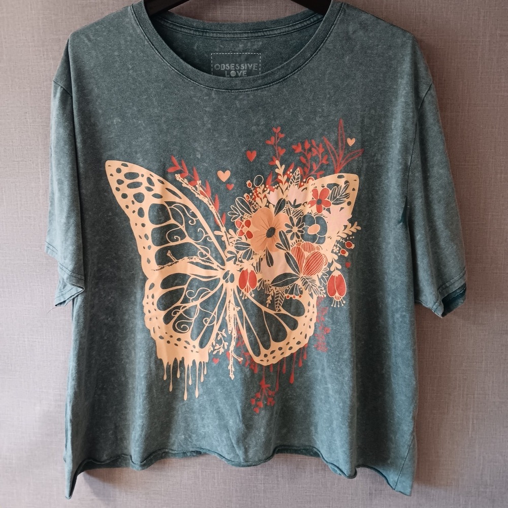 Obsessive Love Butterfly Graphic T-Shirt Mineral Wash Boxy Crop Teal Green 3XL